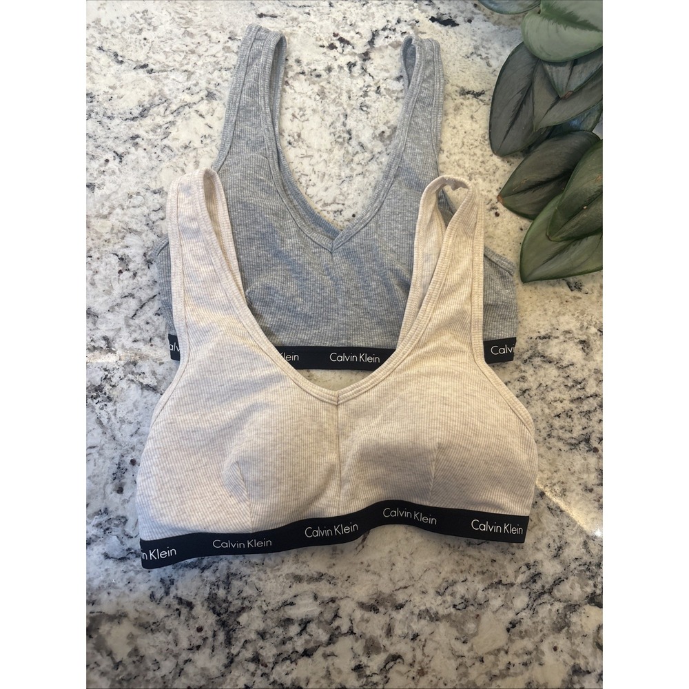 Calvin Klein Rib-knit Wireless Triangle Bralette Set Grey & Oatmeal Sz Small